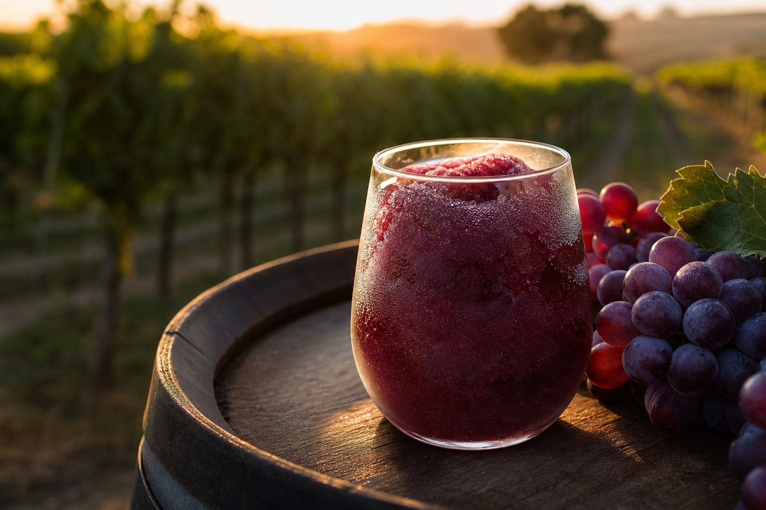 Frozen wine slush in a glass on a wine barrel at a vineyard
